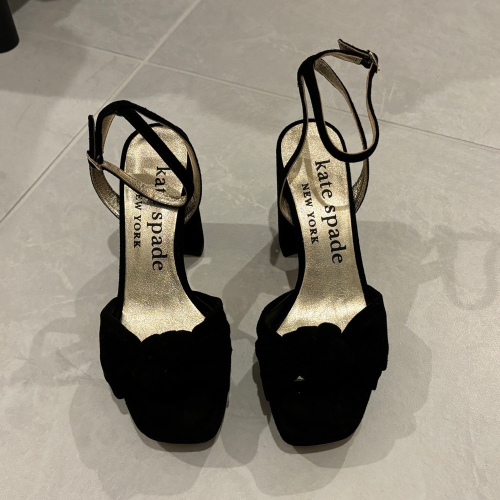 Kate Spade Confetti Platform Sandal Heels Black Suede Size 6.5 - Picture 5 of 13